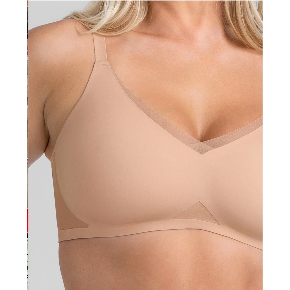Honeylove Crossover Bra Women Size S Beige Wireless Seamless V-Neck Mesh Trim